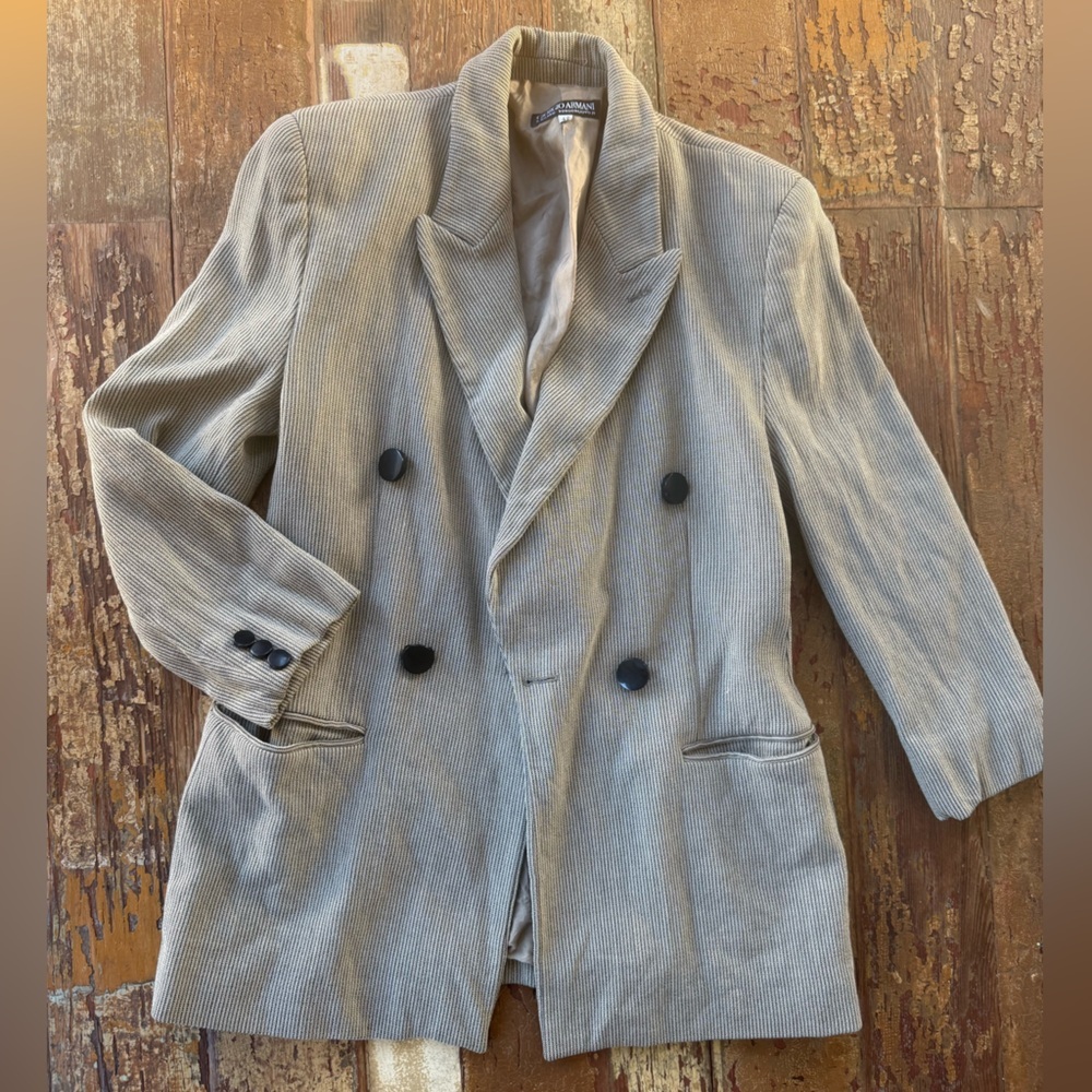 Vintage Giorgio Armani Women’s 80’s 90’s 100% Wool Gray Striped Blazer | 42 S